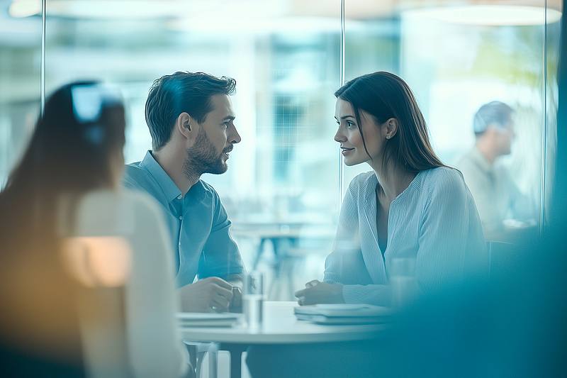Eine Frau und ein Mann in einem Konferenzraum bei einem Beratungsgespräch