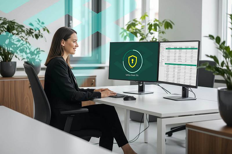 SAKD Mitarbeiterin sitzt am Schreibtisch mit einem Symbol für Informationssicherheit auf dem Monitor