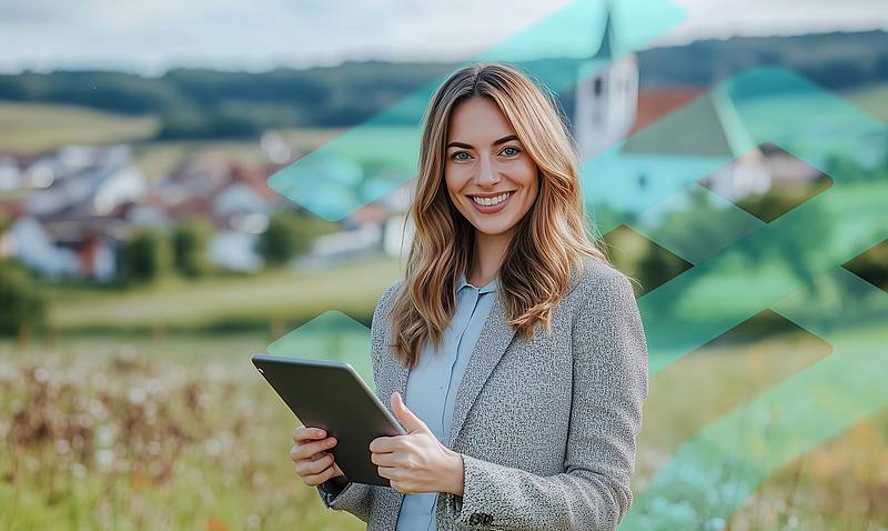 Ein Bürgermeisterin hält ein Tablet in der Hand und steht vor einem Dorf auf einem Feld